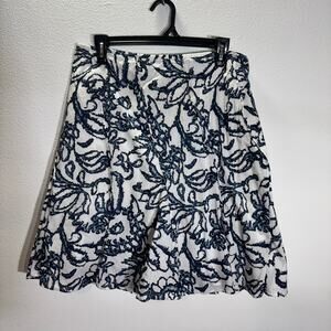 Talbots Petites 12P Blue White Floral Pleated Skirt Cotton A-Line